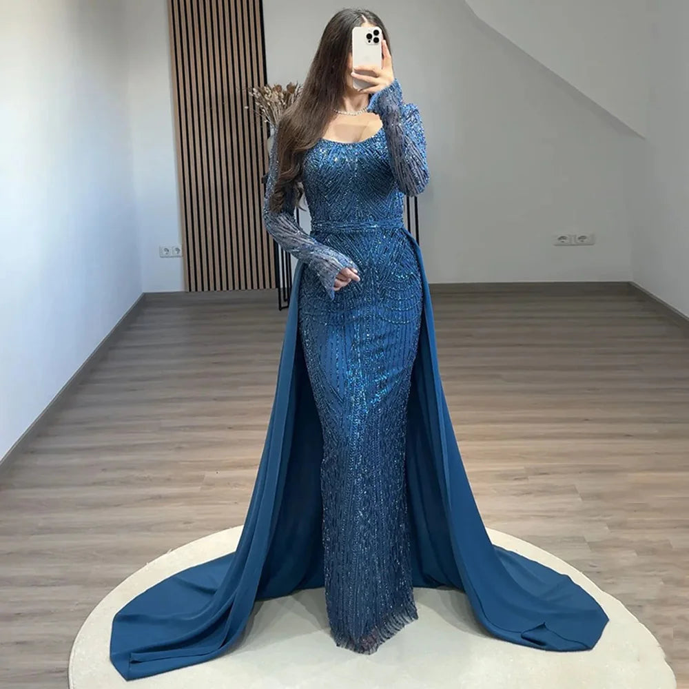 Prom Dress with Detachable Train Customized Scoop Neck Full Sleeves Beading Sparkling Lace Evening Dresses Party Gowns