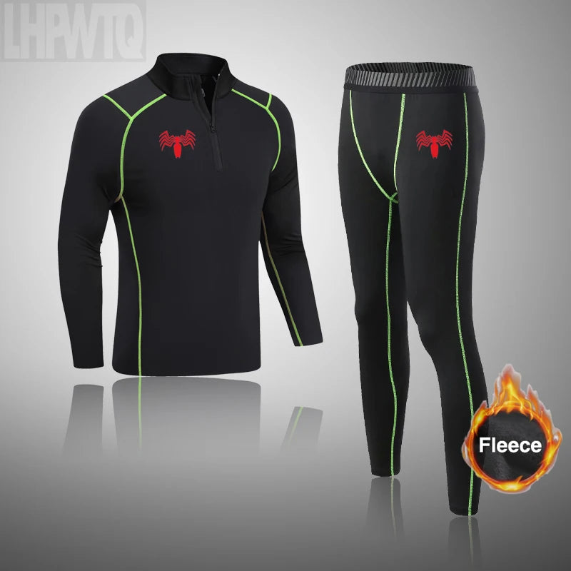 High Collar Men's Sports Ski Thermal Underwear Set Suits Gym Compression Suit Running Men Ski Thermal Bottom Fleece Clothes