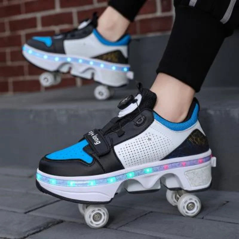 Latest  Boys  Teens Street Roller Shoes Double Wheel Casual Running Shoes  Indoor And Outdoor Beginners Parkour Skate Shoes