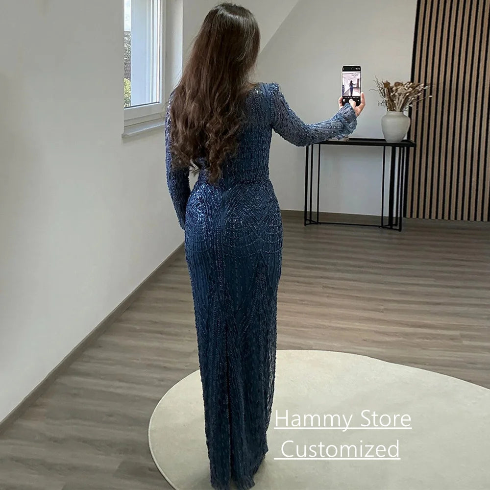 Prom Dress with Detachable Train Customized Scoop Neck Full Sleeves Beading Sparkling Lace Evening Dresses Party Gowns