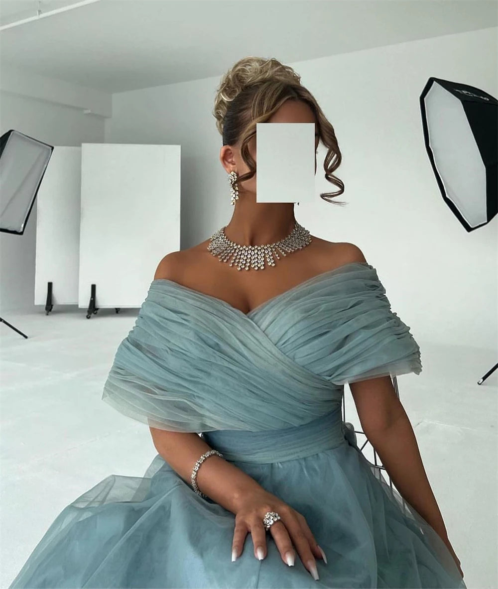 Customized Prom Dresses Exquisite Off-the-shoulder Ball Gown Celebrity  Tulle Draped Organza Occasion Evening   robe de soirée f