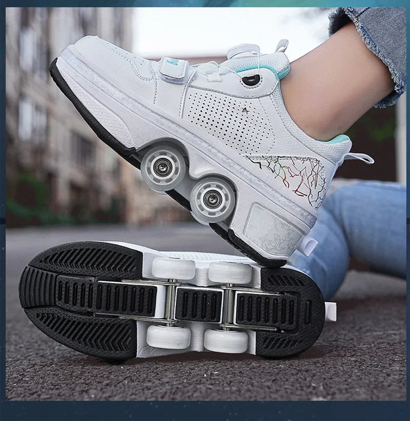 Latest  Boys  Teens Street Roller Shoes Double Wheel Casual Running Shoes  Indoor And Outdoor Beginners Parkour Skate Shoes