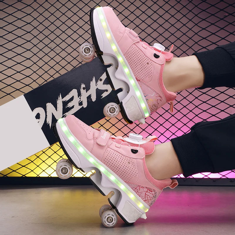 Latest  Boys  Teens Street Roller Shoes Double Wheel Casual Running Shoes  Indoor And Outdoor Beginners Parkour Skate Shoes