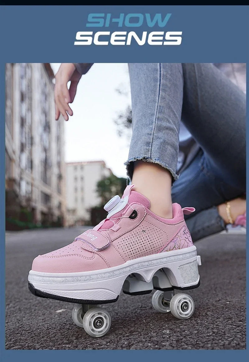 Latest  Boys  Teens Street Roller Shoes Double Wheel Casual Running Shoes  Indoor And Outdoor Beginners Parkour Skate Shoes