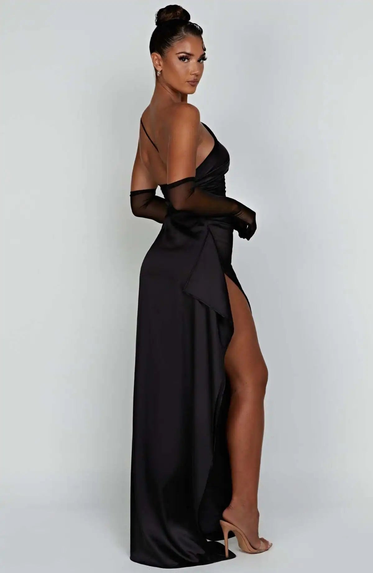 New women's one shoulder sloping collar backless slit satin pleated elegant cocktail party evening prom dress