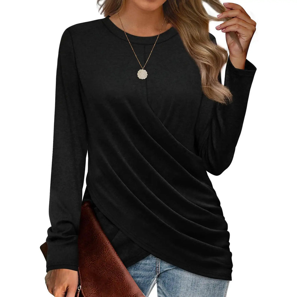 Women's Clothing 2024 Autumn Winter New Solid Color T-shirt Casual Round Neck Cross Pleated Loose Long Sleeved Top