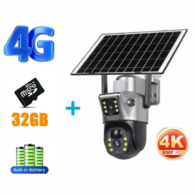 Tahlitech Solar Camera 4G Sim Card Wifi  Dual Lens WiFi 8MP 4K IP Camara Solar Panel CCTV Security Built in Battery PIR Cam V380