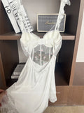 Women Home Clothes Sleeping Nightdress White Nightgown Silk Satin Lingerie Embroider Flower Chemise Lingerie Summer Robe Suit