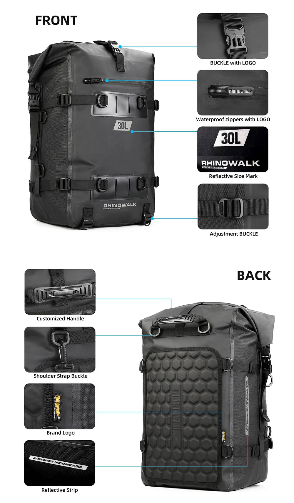 Rhinowalk Motorcycle Tail Bag 100%Waterproof Cycling Backpack 8L 15L 30L Motor Side Saddle Pack Travel Luggage Box Accessories