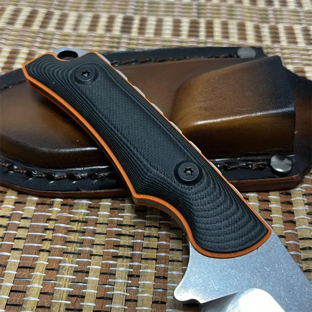 Hunting knife EDC Outdoor Fixed Blade Hunting Knife, G10 Anti-slip Handle with Cowhide Sheath, for Tactical Camping Hiking Tool
