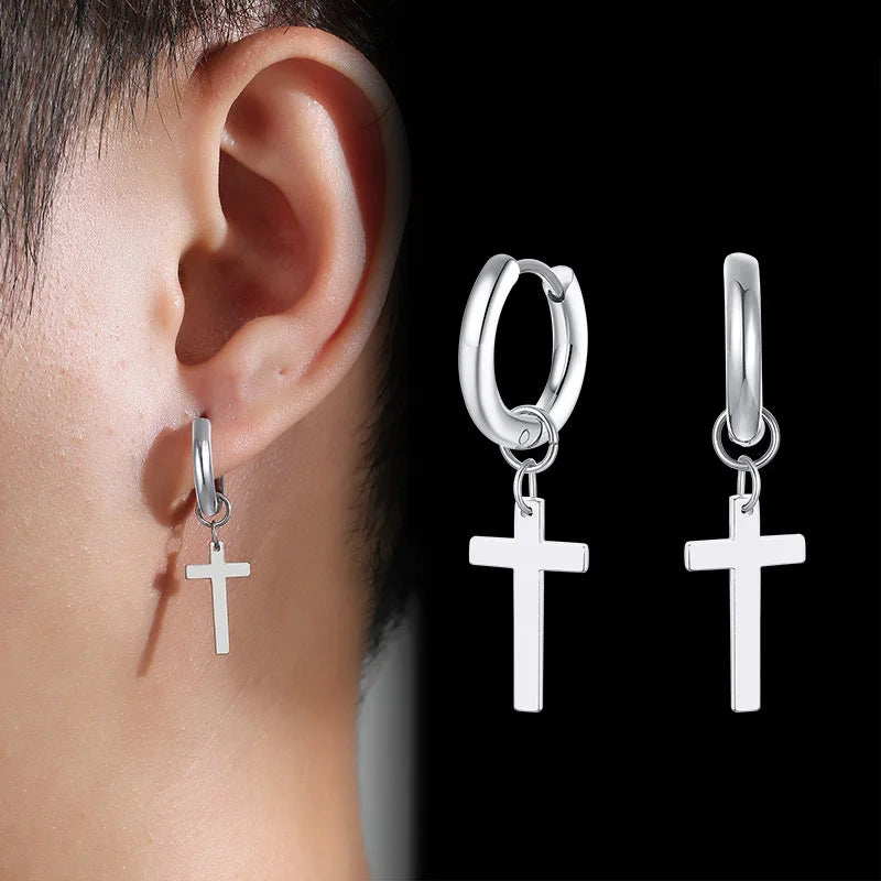 Vnox Single Stainless Steel Men Cross Punk Dangle Earrings High-end Fashion Hoop Earrings For Boys Ear Jewelry Friendship Gifts