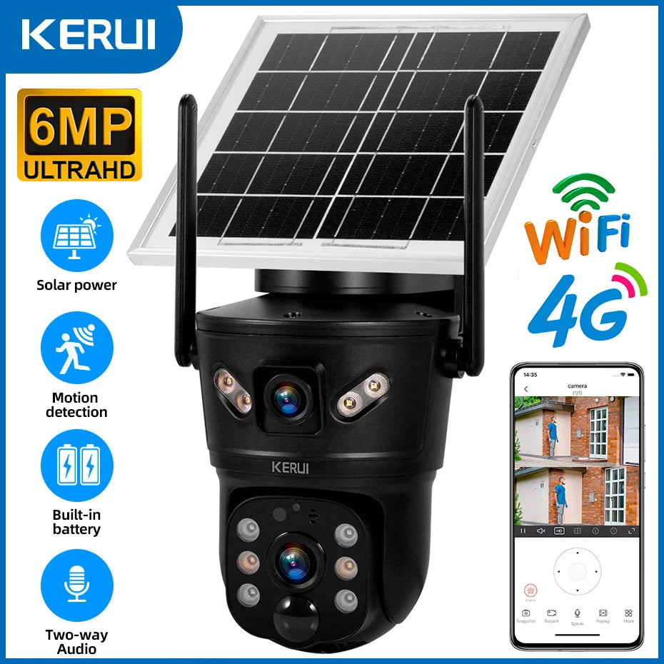 KERUI 6MP WIFI 4G Solar Camera Dual Lens IP Camera Outdoor Waterproof  Surveillance CCTV Video Home Security Solar Panel