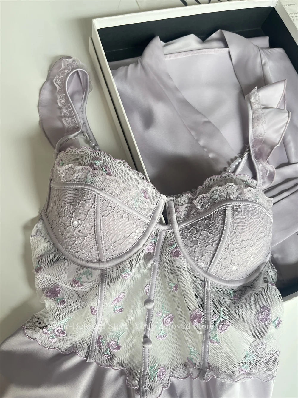 Women Home Clothes Sleeping Nightdress White Nightgown Silk Satin Lingerie Embroider Flower Chemise Lingerie Summer Robe Suit