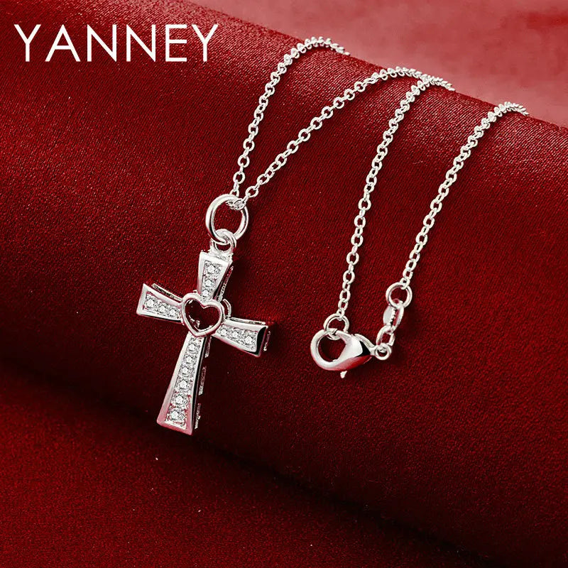 925 Sterling Silver 16-30 Inch Luxury Women's Heart Shape Hollow Cross Necklace Elegant Party Wedding Fashion Gift