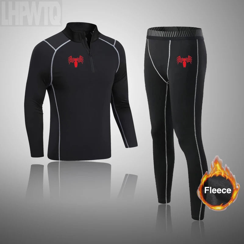 High Collar Men's Sports Ski Thermal Underwear Set Suits Gym Compression Suit Running Men Ski Thermal Bottom Fleece Clothes