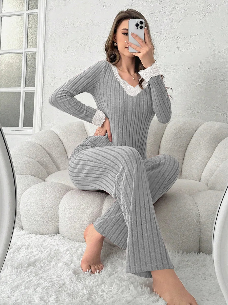 Women Autumn Winter Fashion Comfort Long Sleeve Home Clothes Two Piece Set Casual Style V Neck Lace Pit Strip Knitted Pajamaset