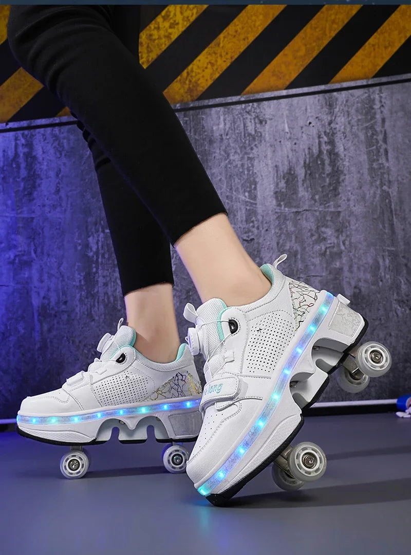 Latest  Boys  Teens Street Roller Shoes Double Wheel Casual Running Shoes  Indoor And Outdoor Beginners Parkour Skate Shoes