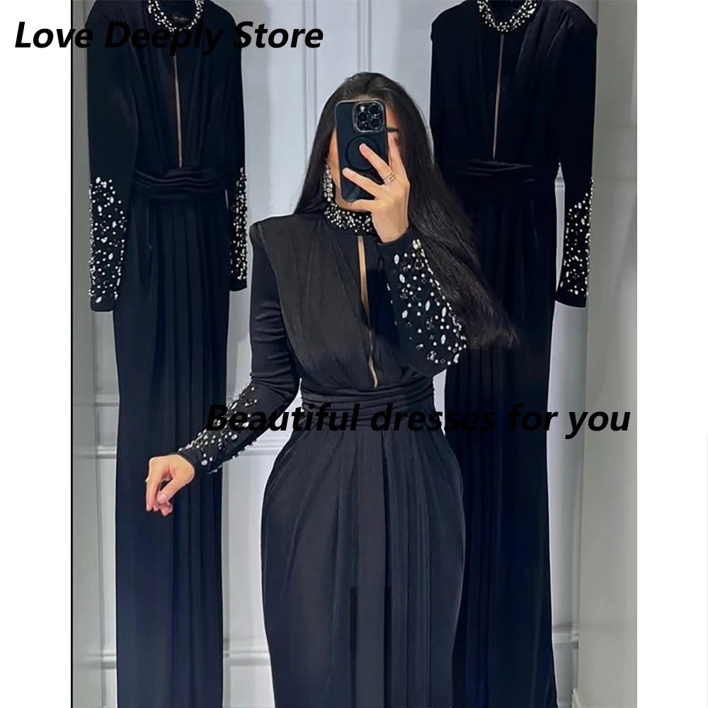 Black Prom Dress High Neck Bead Long Sleeves Luxury Evening Gowns Floor Length Slit Trumpet Formal Party Dresses Customized