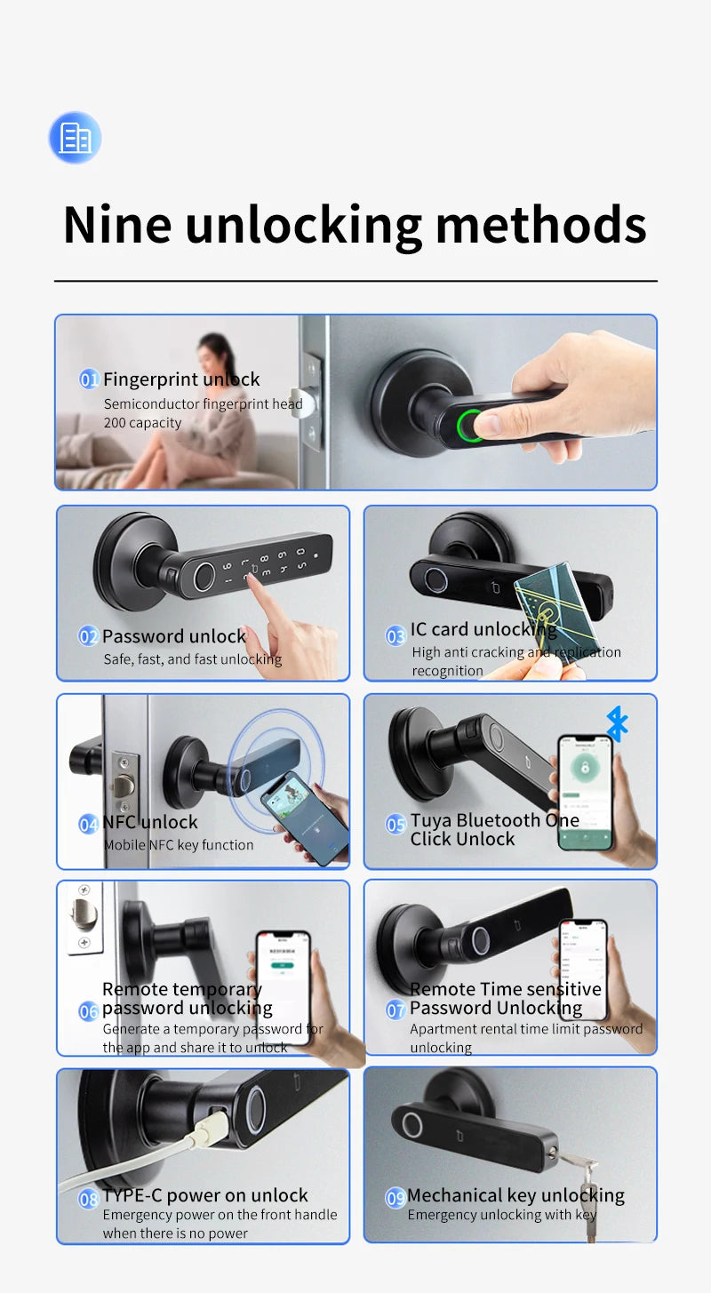 Tuya SmartLife APP BLE Smart Fingerprint Lock Password RFID IC Card Lock Handle Dead Bolt Home Wooden Metal Door Handle Latch