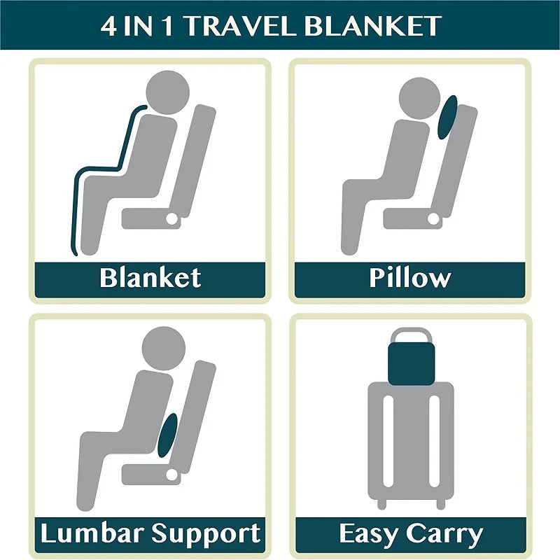 Travel Blanket and Pillow,Clip On Buckle, Warm Soft Fleece 2-in-1 Combo Blanket for Airplane,Camping,Car,Large Compact Blanket