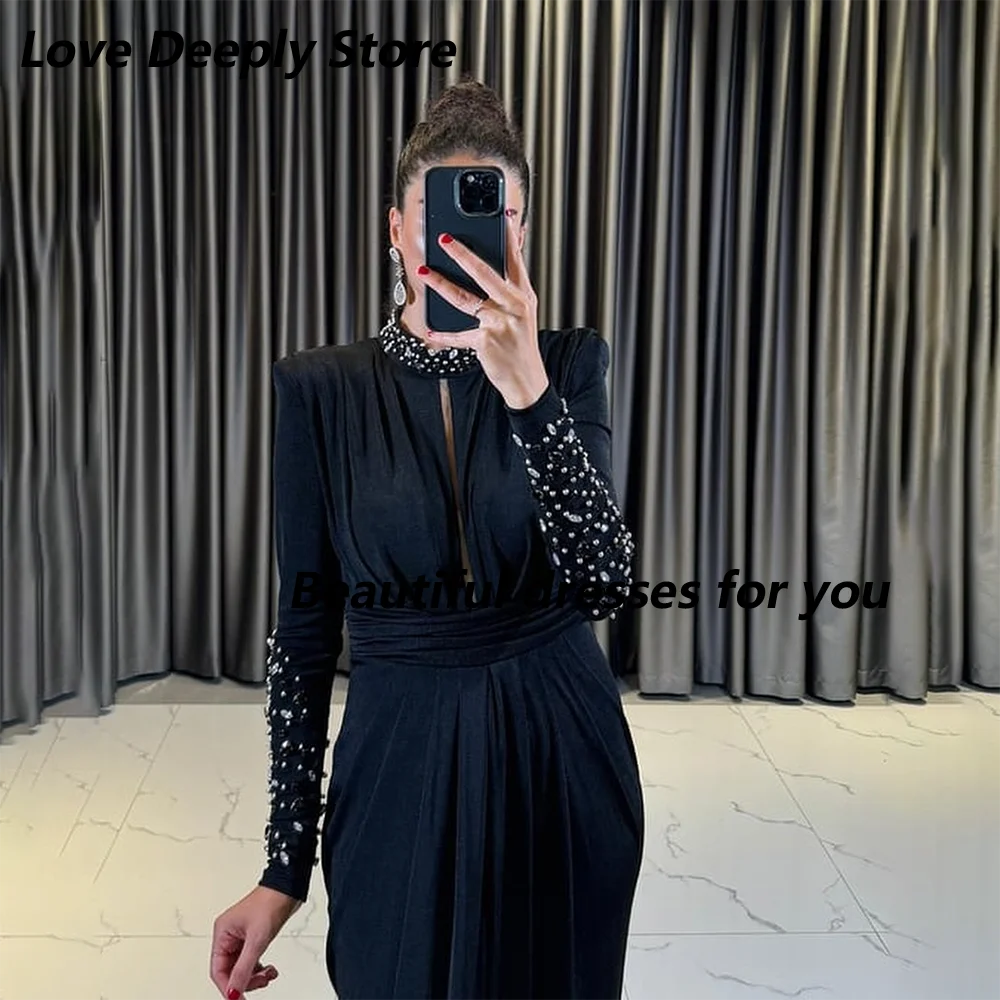 Black Prom Dress High Neck Bead Long Sleeves Luxury Evening Gowns Floor Length Slit Trumpet Formal Party Dresses Customized