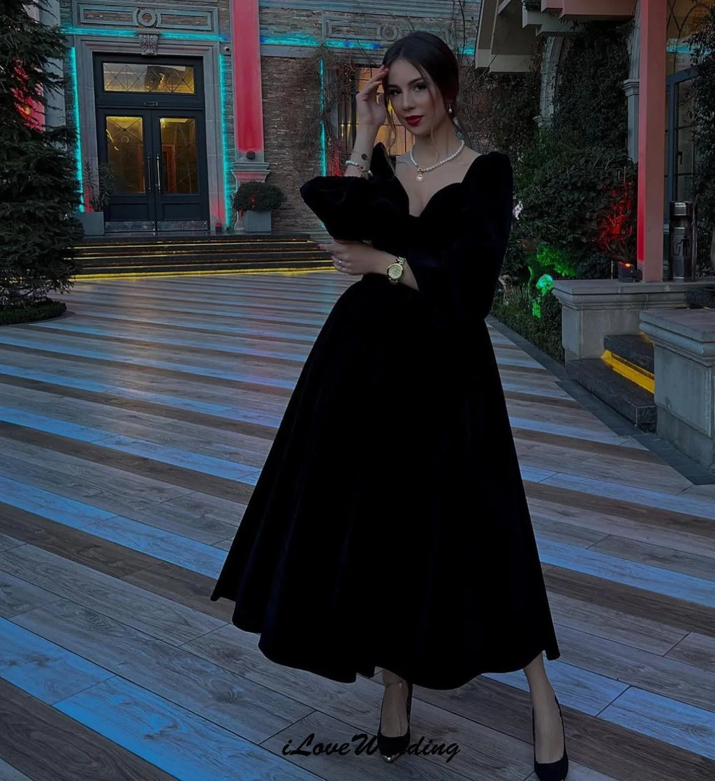 Prom Dress 2025 Black Wedding Party Dress For Woman Formal A-Line Elegant Velet Ankle Length Cocktail Dress Long Sleeve Custom