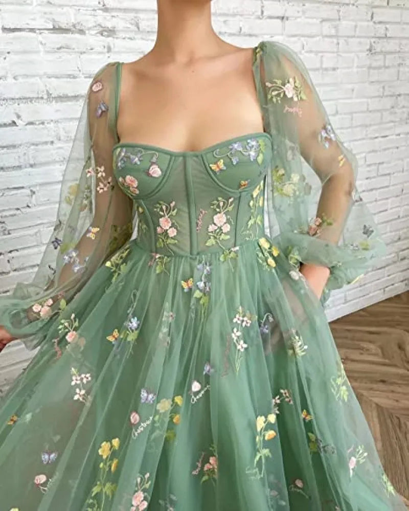 BABYONLINE Prom Dresses Jungle Fairy Ball Party Puffy Sleeve Lace Embroidery Tulle Formal Evening Gown Elegant Tea Lengt Robe