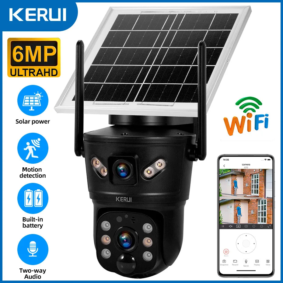 KERUI 6MP WIFI 4G Solar Camera Dual Lens IP Camera Outdoor Waterproof  Surveillance CCTV Video Home Security Solar Panel