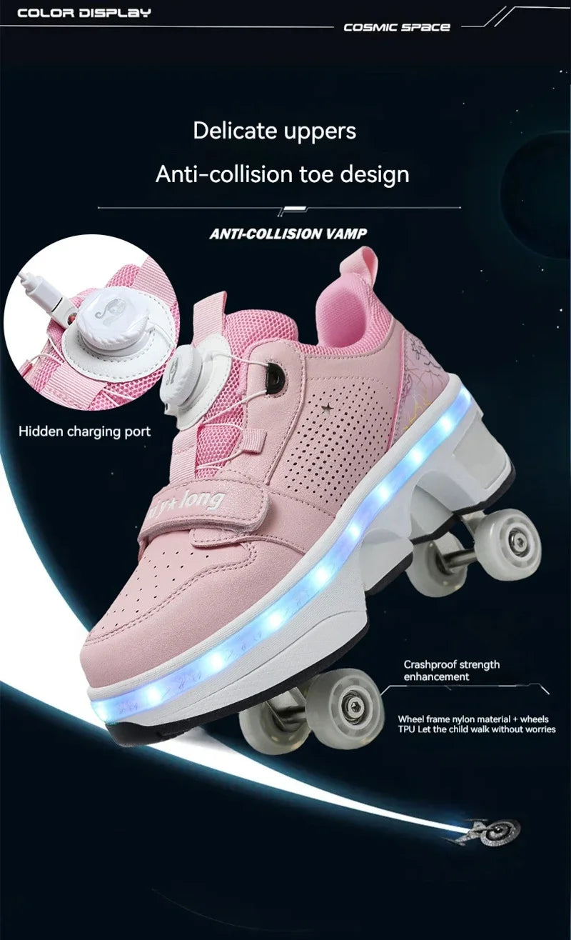 Latest  Boys  Teens Street Roller Shoes Double Wheel Casual Running Shoes  Indoor And Outdoor Beginners Parkour Skate Shoes
