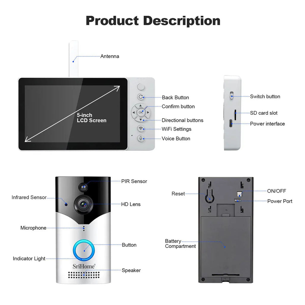 Srihome SH054 5Inch Screen 4MP 1440p Wireless WIFI Doorbell 120Degree Wide Angle Video Door Phone Visual Door Viewer Camera