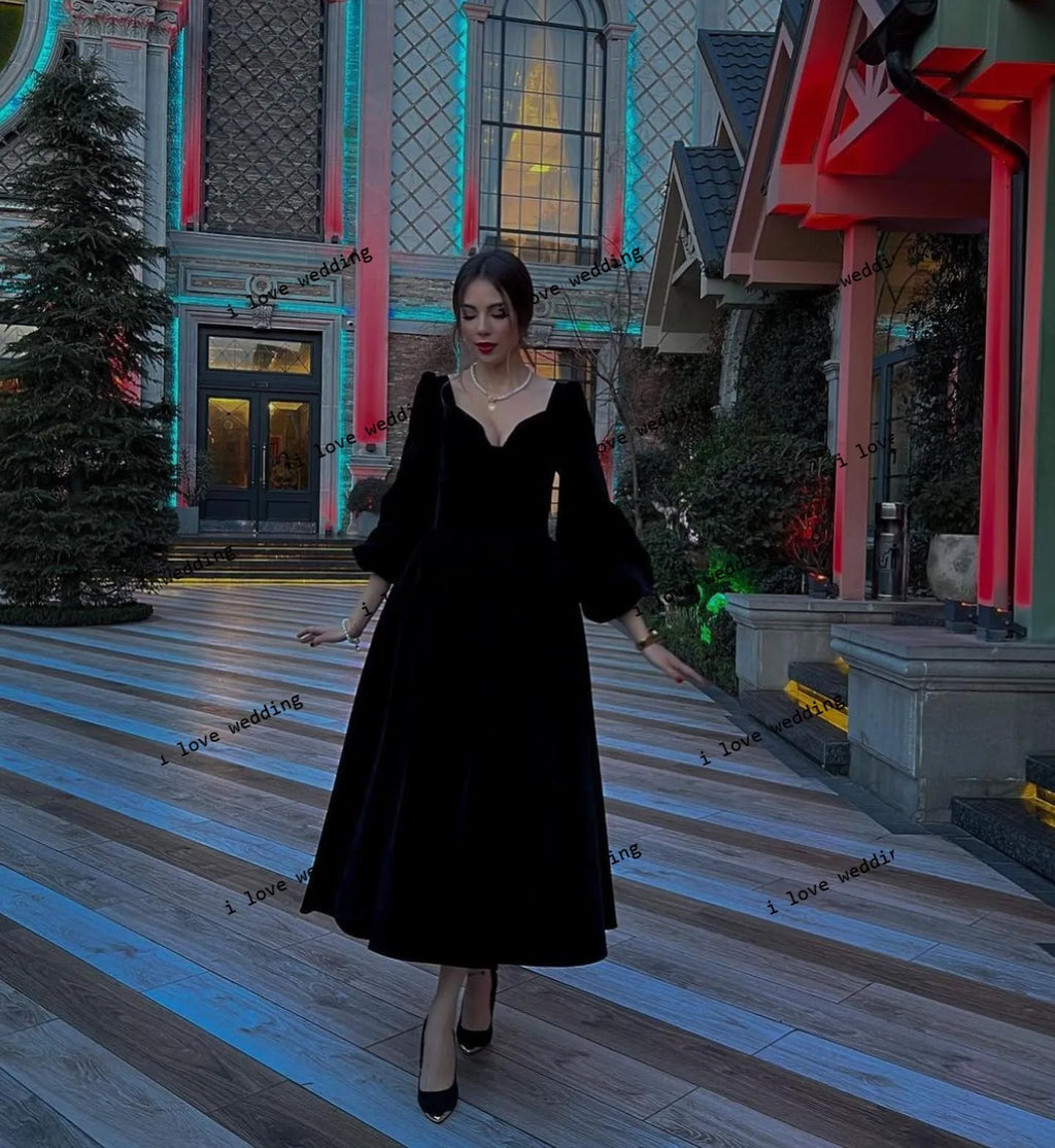 Prom Dress 2025 Black Wedding Party Dress For Woman Formal A-Line Elegant Velet Ankle Length Cocktail Dress Long Sleeve Custom