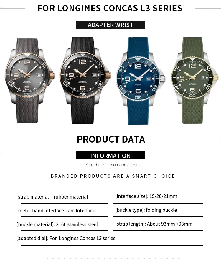 19mm 20mm 21mm Rubber Silicone Watchband for Longines Conquest HydroConquest L3.781 VHP Black Blue Sports Waterproof Watch Strap