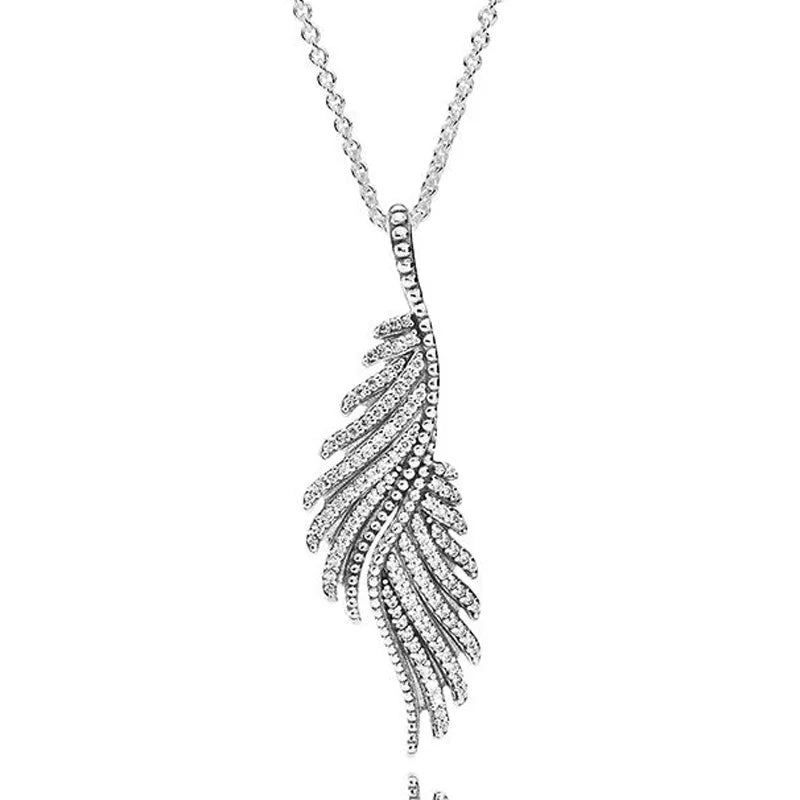 Authentic 925 Sterling Silver Majestic Feathers Earring Necklace With Crystal For Women Jewelry Set Gift