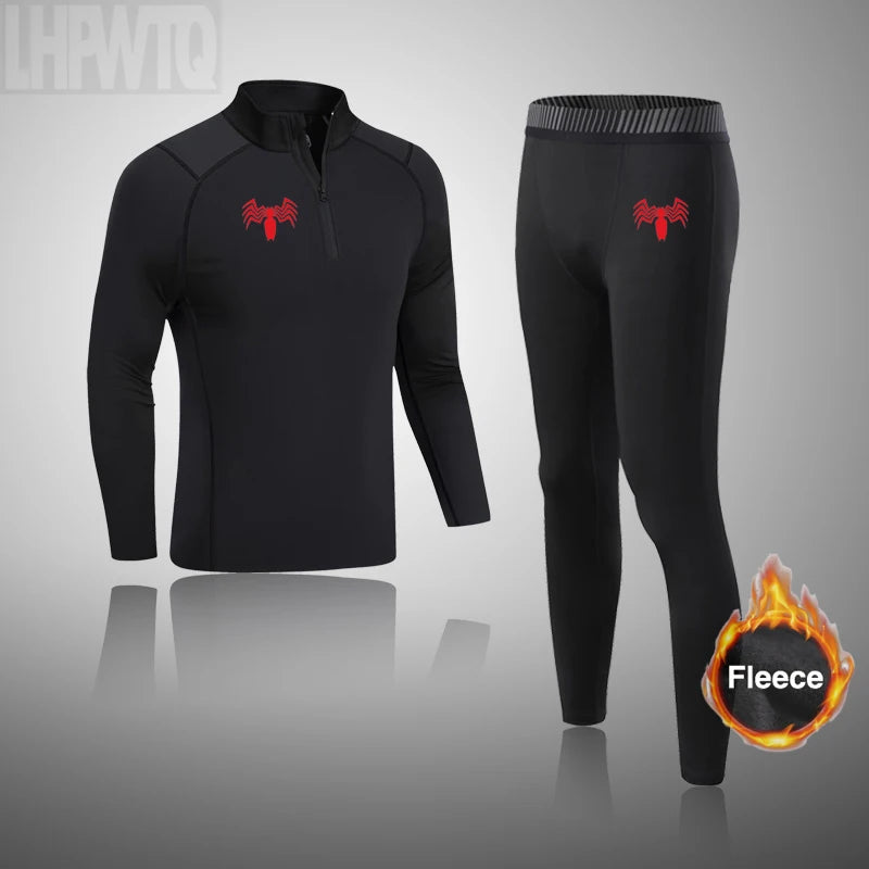 High Collar Men's Sports Ski Thermal Underwear Set Suits Gym Compression Suit Running Men Ski Thermal Bottom Fleece Clothes