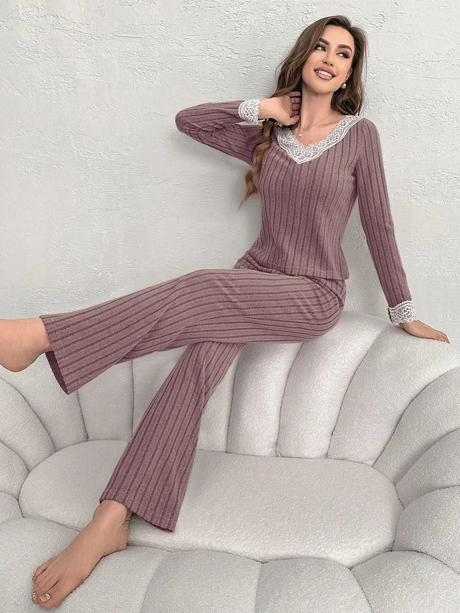 Women Autumn Winter Fashion Comfort Long Sleeve Home Clothes Two Piece Set Casual Style V Neck Lace Pit Strip Knitted Pajamaset