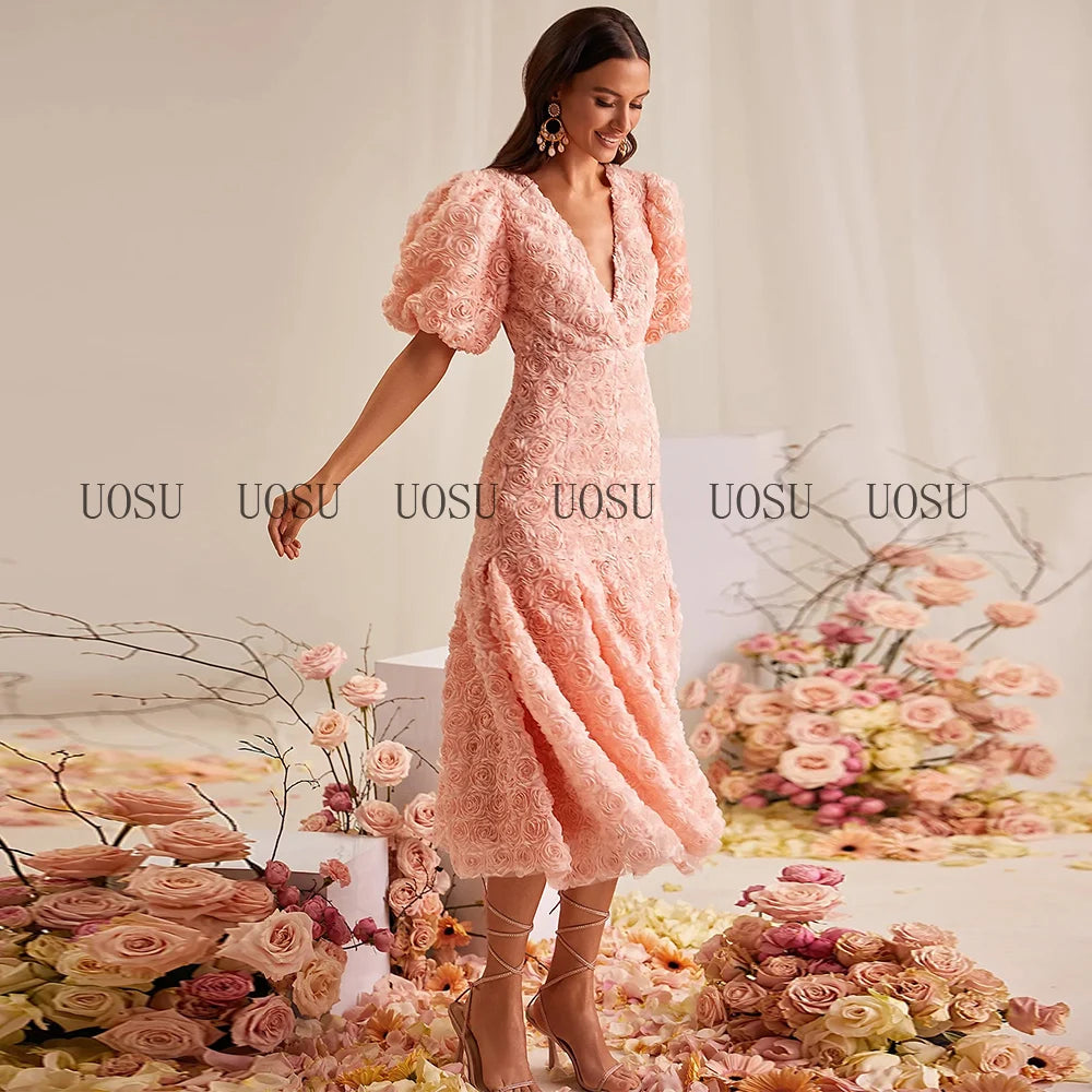 Pink Prom Dresses 2025 3D Rose Flowers Luxury Mermaid Cocktail Gown Midi Half Puff Sleeves V Neck Tea Length Sweetie Party Dress