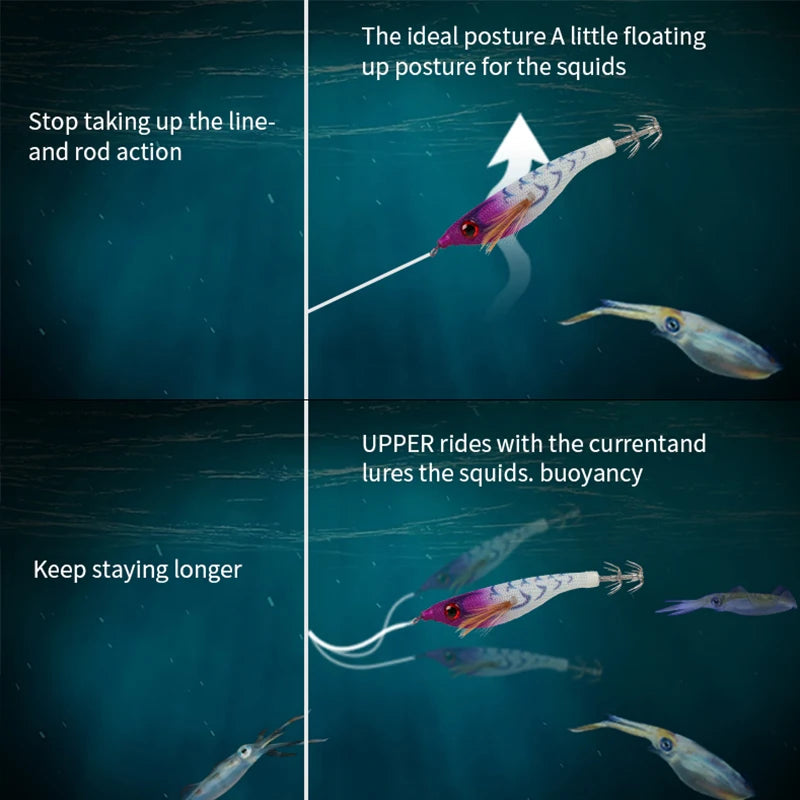 Luminous Colorful Floating Fishing Bait Squid Jig Artificial Fishing Lure Squid Hook Wood Shrimp Fishing Bait Octopus Cuttlefish