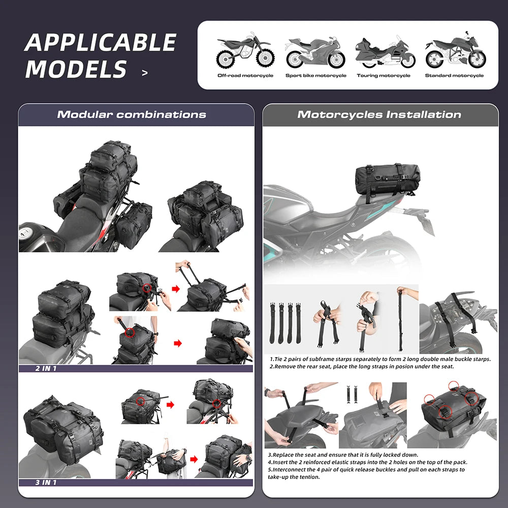 Rhinowalk Motorcycle Tail Bag 100%Waterproof Cycling Backpack 8L 15L 30L Motor Side Saddle Pack Travel Luggage Box Accessories