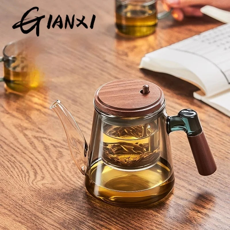 GIANXI Wooden Handle Flowing Teapot Tea Separation Cup Full Glass Inner Bubble Teapot Household Press Filter Tea Set Tea Cup