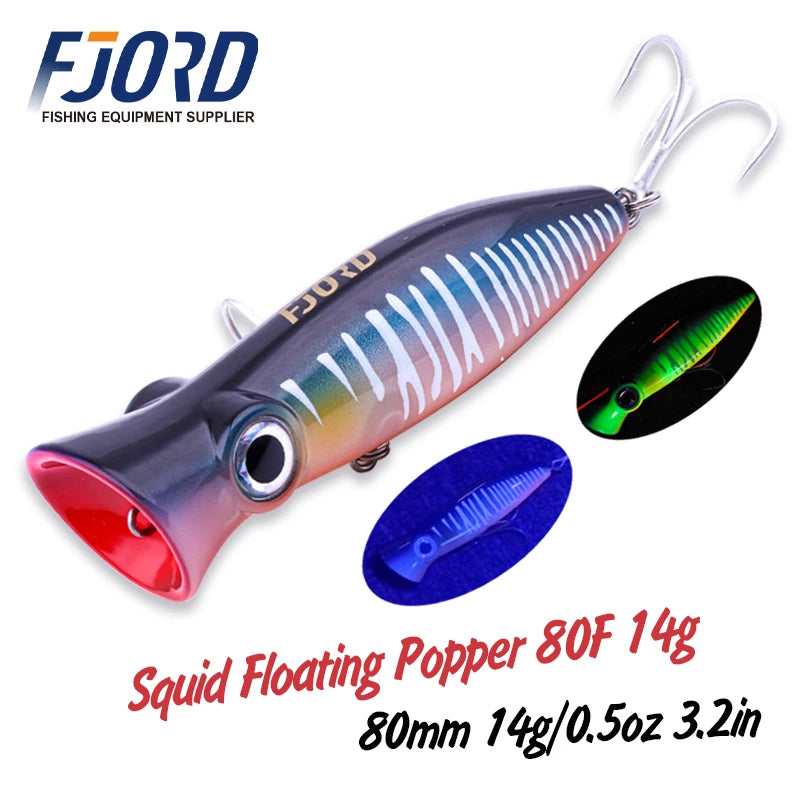 FJORD 80mm 14g Popper Glow Fishing Lure Swimbait Floating Hard Baits Pike Bass Sea Saltwater Surface Walker Fishing Supplies