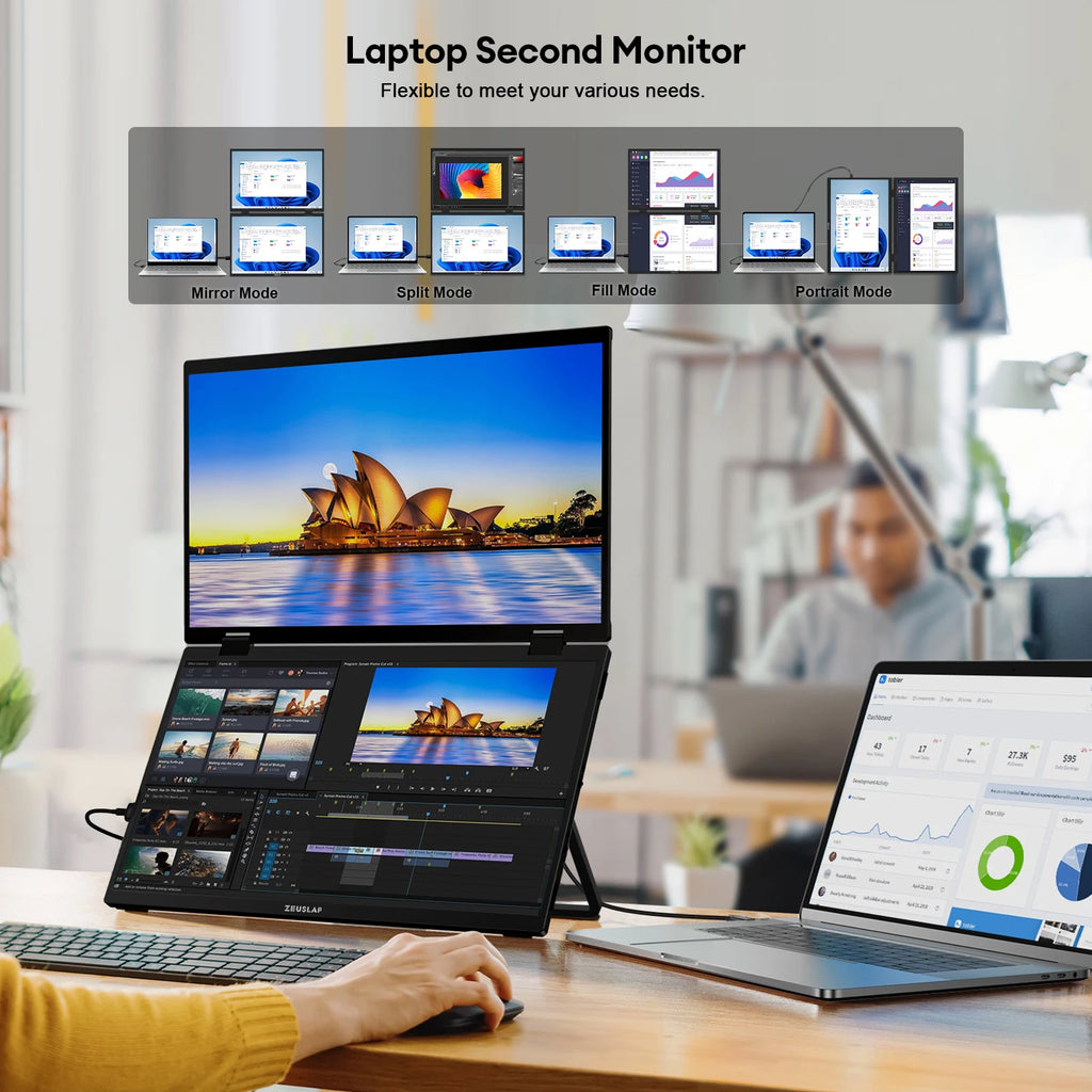 ZEUSLAP 15.6" Stacked Foldable Dual Monitor FHD 100% sRGB Laptop Screen Extender Portable Monitor for Windows Mac OS