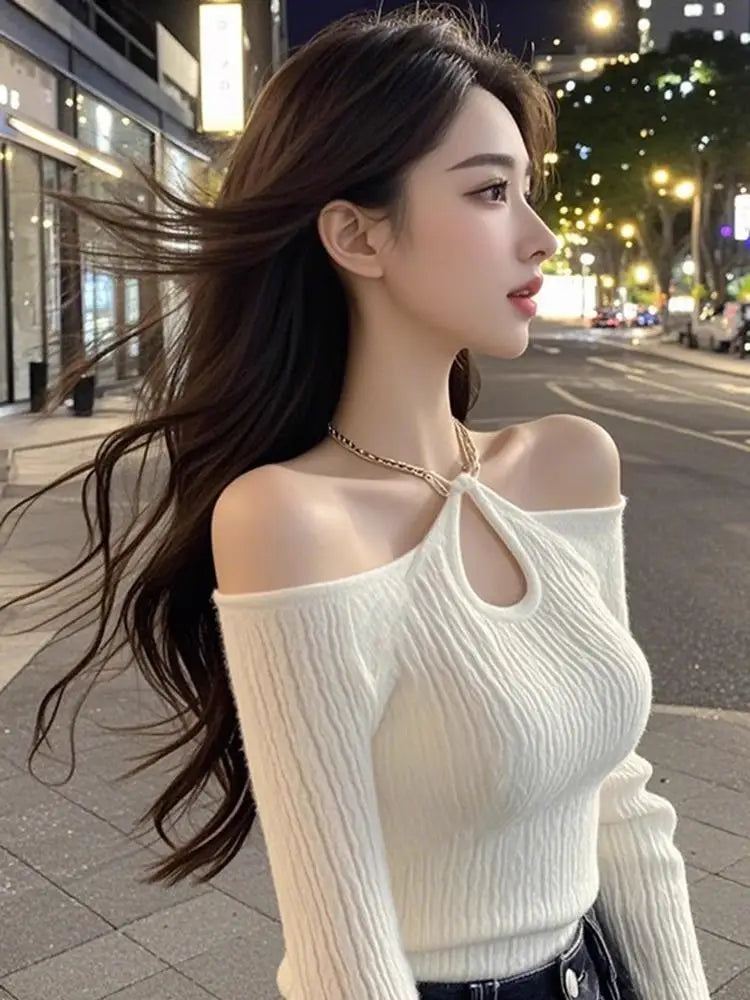 women clothes Spring Autumn Fashion Sexy All-match fashionable Hollow Out Solid color slash neck Female Appear thin Pure Desire
