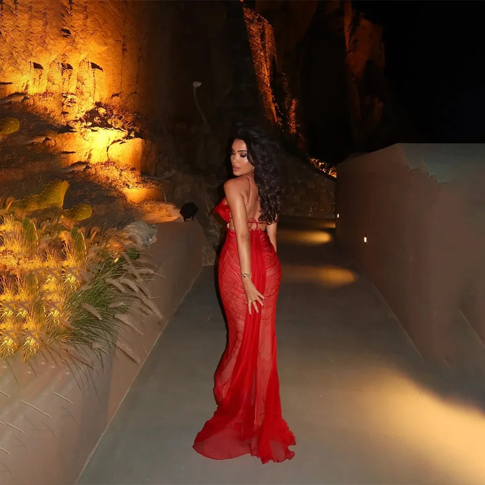 Elegant Ruffed Prom Dresses Arabic Customized Sleeveless Pleat Mermaid Tulle Evening Gown Party Dress Vestidos Para Graduación