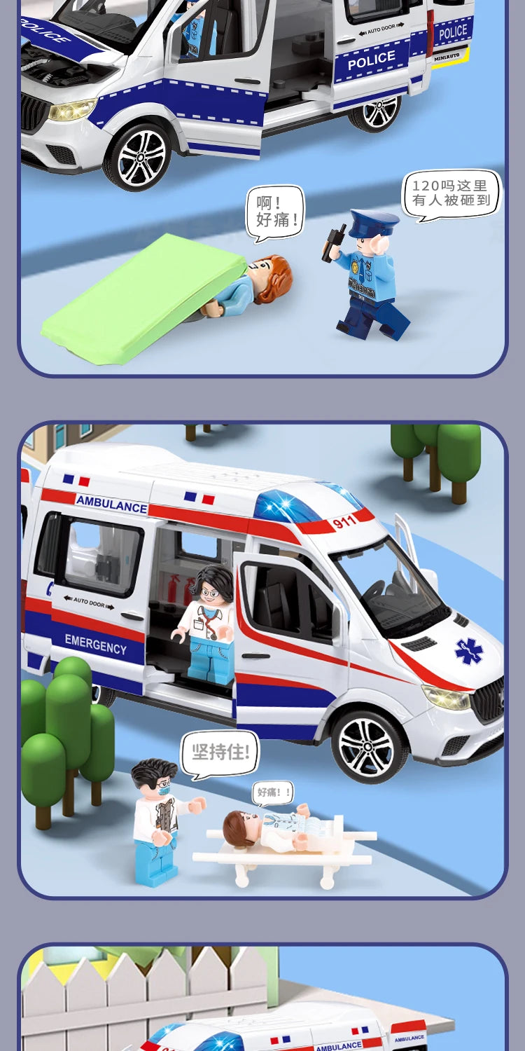 1:24 Ambulance Car Toys Alloy Car Model Diecast Metal Police Ambulance Sound Light Simulation Collectible Model Car Kids Gifts