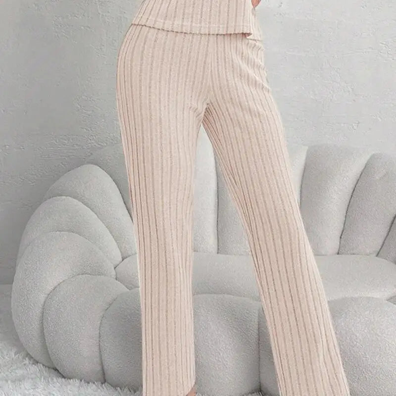 Women Autumn Winter Fashion Comfort Long Sleeve Home Clothes Two Piece Set Casual Style V Neck Lace Pit Strip Knitted Pajamaset