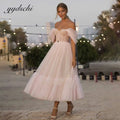 Bohemian Pink Prom Dresses 2025 Off The Shoulder A-Line Party Dresses Pleated Tea-Length Tulle Formal Gowns Beach Evening Dress