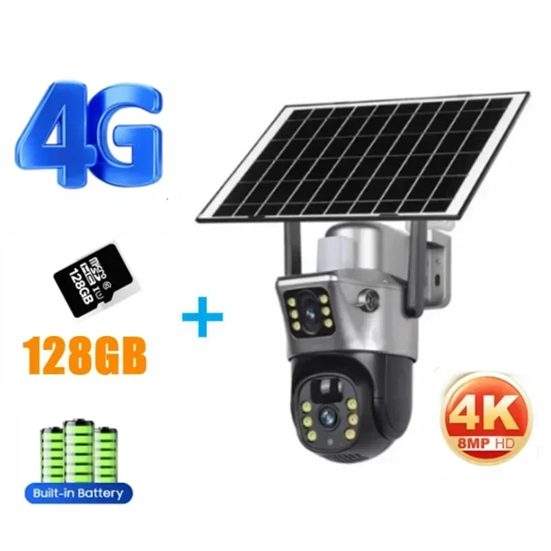 Tahlitech Solar Camera 4G Sim Card Wifi  Dual Lens WiFi 8MP 4K IP Camara Solar Panel CCTV Security Built in Battery PIR Cam V380