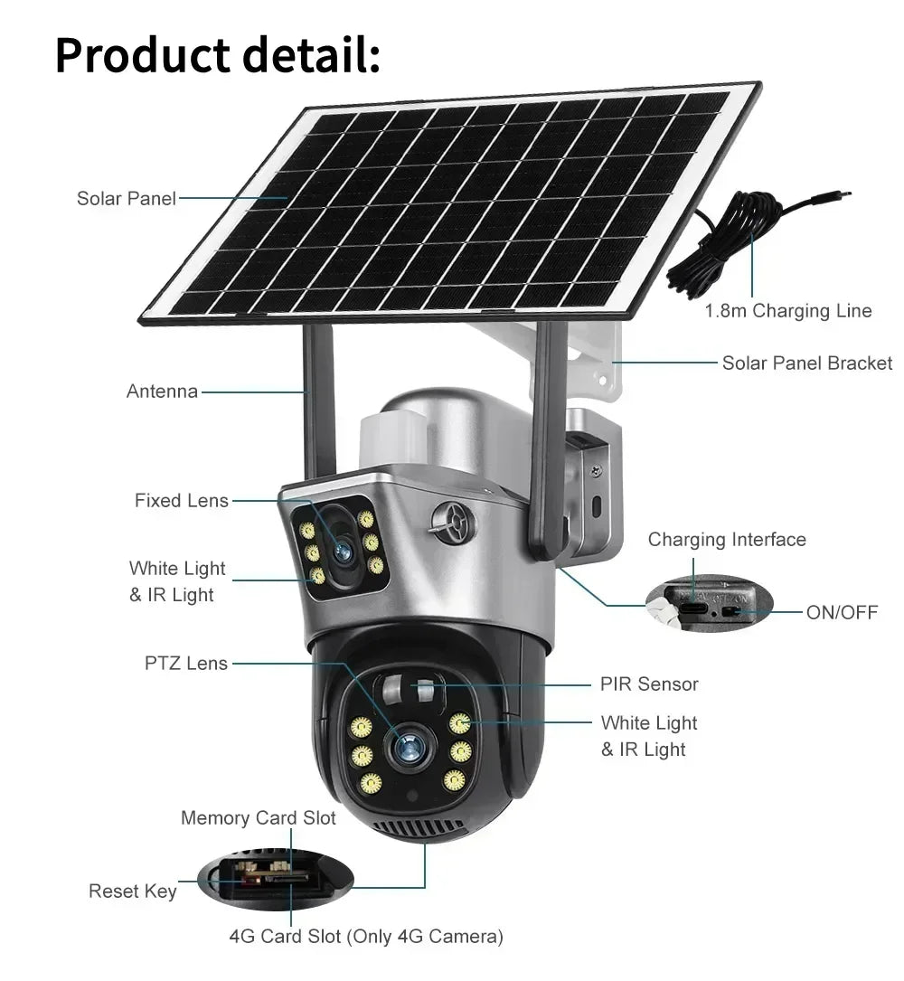 Tahlitech Solar Camera 4G Sim Card Wifi  Dual Lens WiFi 8MP 4K IP Camara Solar Panel CCTV Security Built in Battery PIR Cam V380