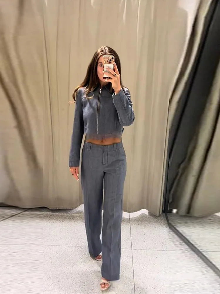 Women's Outwear 2 Piece Set Coats Pants Zipper Short Jackets Straight-Leg Trouser Autumn New Out Suits Casual Woman Clothes