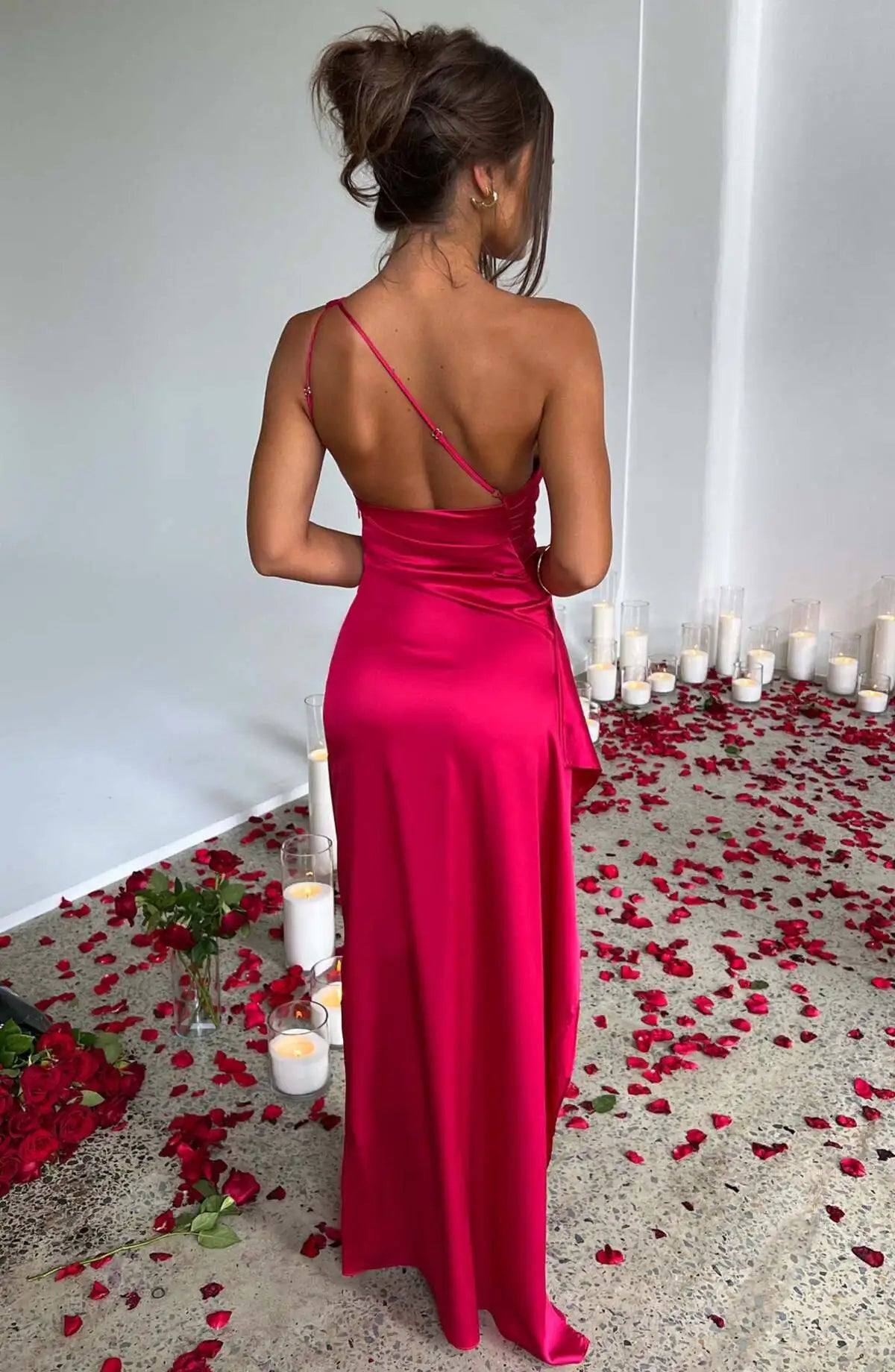 New women's one shoulder sloping collar backless slit satin pleated elegant cocktail party evening prom dress
